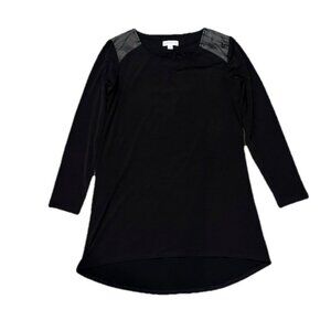 WOMEN'S SUSAN GRAVER BLACK Faux Leather Accent Long SLEEVE HI LO TUNIC TOP xs